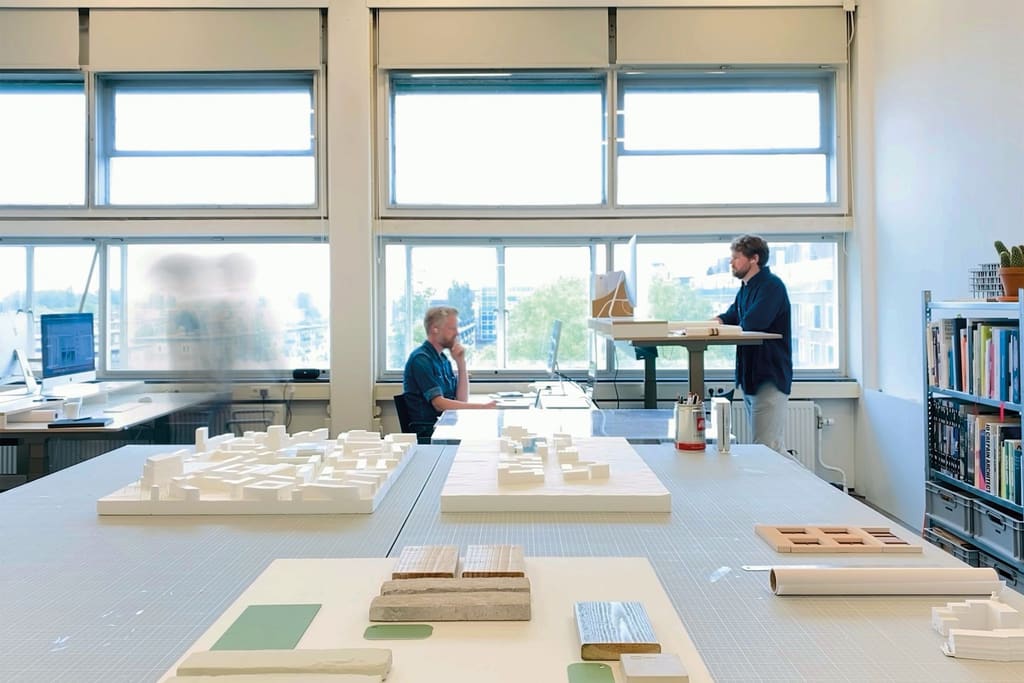 De studio aan de Krelis Louwenstraat in Amsterdam: lange werktafels met maquettes van witte en houten bouwblokken